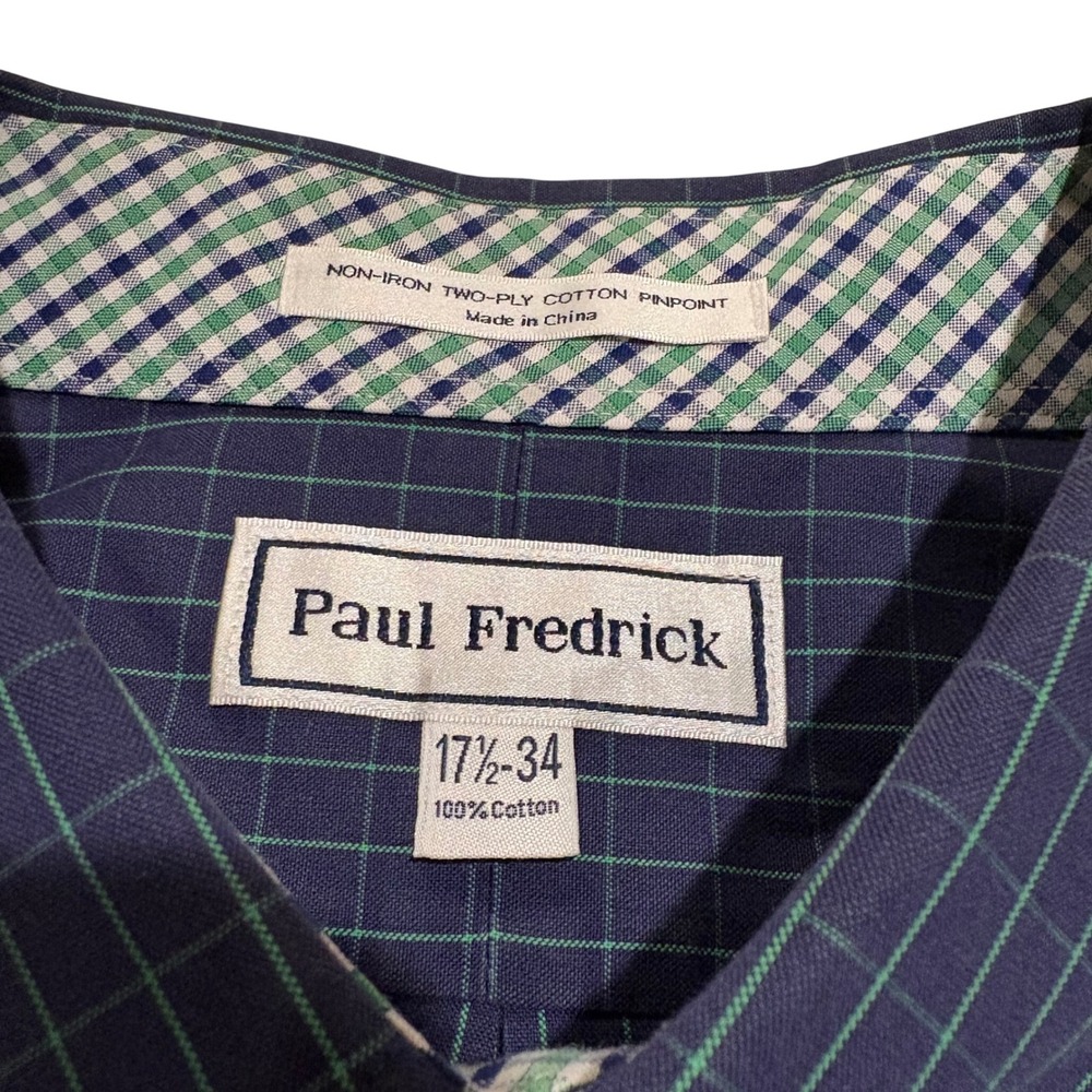 Paul Fredrick‎ Mens 17.5 34 Non-Iron Pinpoint Cotton Navy Green Windowpane Shirt - Picture 4 of 7